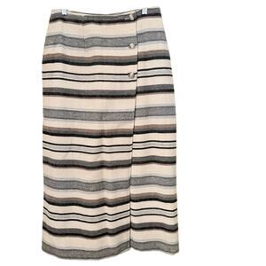 Roo Crossing Wool Blend Striped Wrap Skirt Size 8 Midi Button Front Vintage